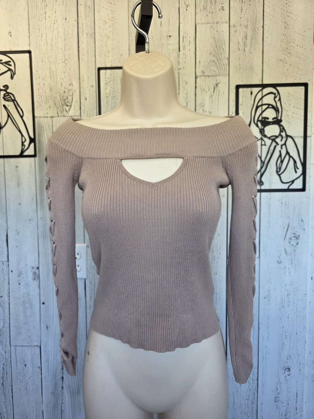 Guess Ribbed Off Shoulder Lace Up Long Sleeve Top Size S Night Out Date Night